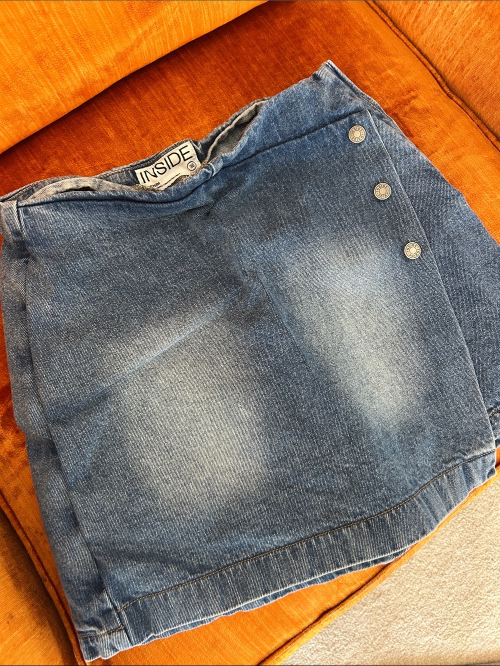 INSIDE Denim Faux Button Skort in Faded Blue with Side Zip